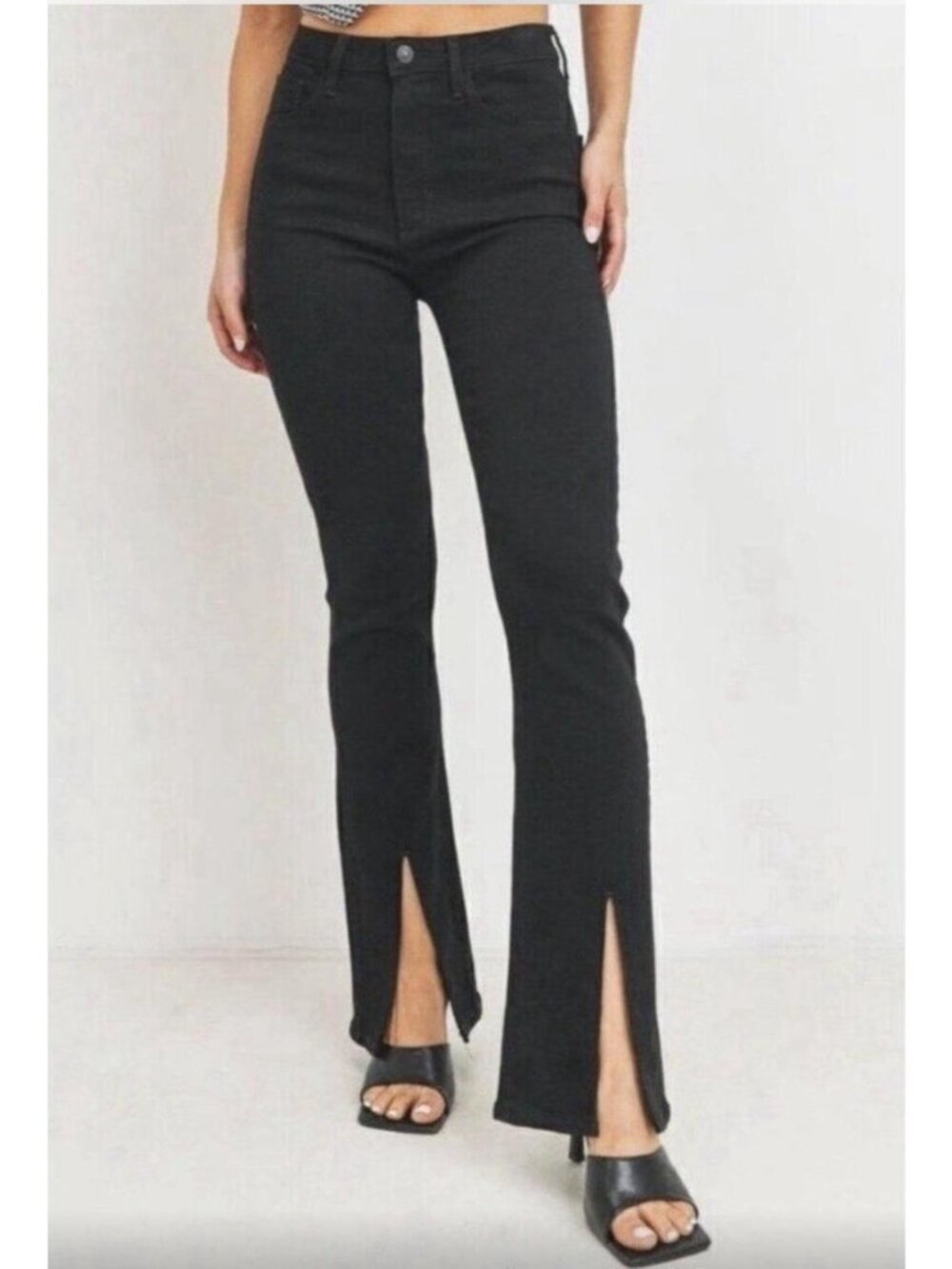 Just Black Denim Solid Black Flare Jeans Split Hem High Rise Size 24